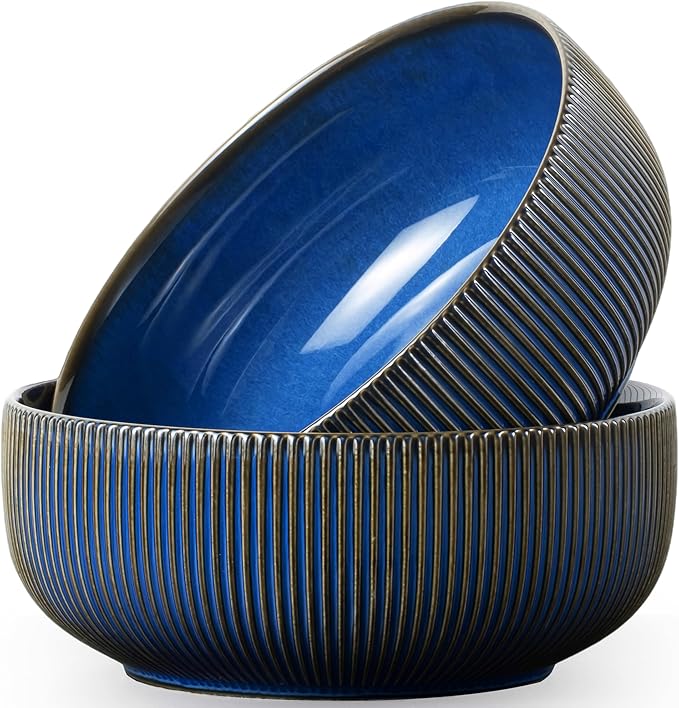 getstar Large Serving Bowls Ceramic Salad Bowl Set of 2, 8 Inch & 60 fl oz, Microwave and Dishwasher Safe, Farmhouse Kitchen Decorative Bowls Set, Embossed Stripes, Vintage Blue