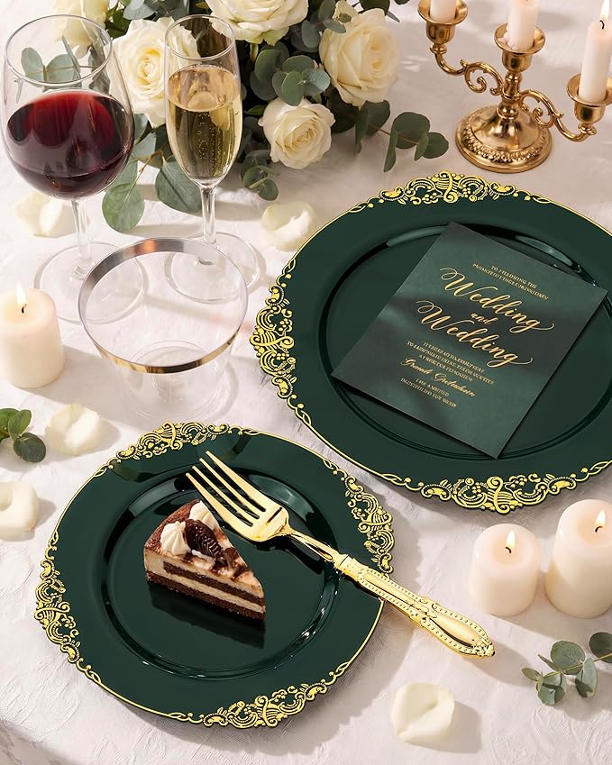 Morejoy 175PCS Green Plastic Plates - Green Gold Plastic Dinnerware Set Include 25Dinner Plates, 25Dessert Plates 75Cutlery, 25Cups, 25Napkin Perfect for Party & Wedding
