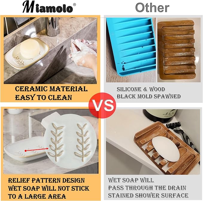 Miamolo Soap Dish Bar Cleaner Dish for Shower, Ceramic Soap Dishes for Large Soap Bar Shampoo or Sponge, Shower Soap Dish Soap Saver Tray for Bathroom Kitchen Sink, Easy to Clean (Pack of 2)