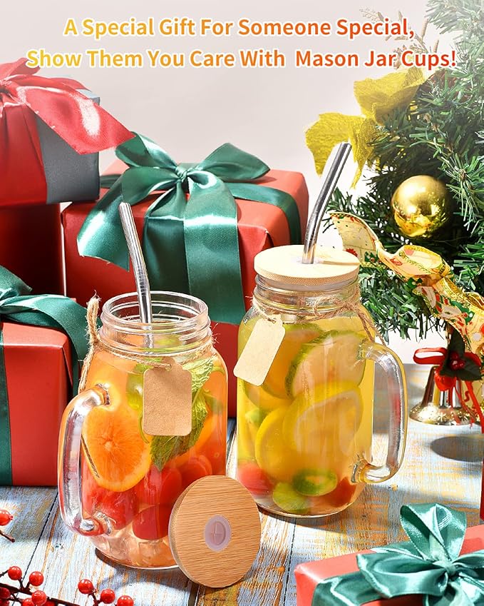 TANGLONG Mason Jar with Lid and Straw 24 oz Mason Jar Cups Set of 8 Glass Cups with Lids and Straws Mason Jars with Handle Drinking Glasses