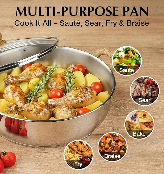 KOCH SYSTEME CS Stainless Steel Saute Pan with Lid, 12 Inch Deep Frying Pan with Double Handles, 5.5 Quart 18/10 Stainless Steel Pan with Cool-Touch Bakelite Handle, Deep Frying Pan, Induction Ready