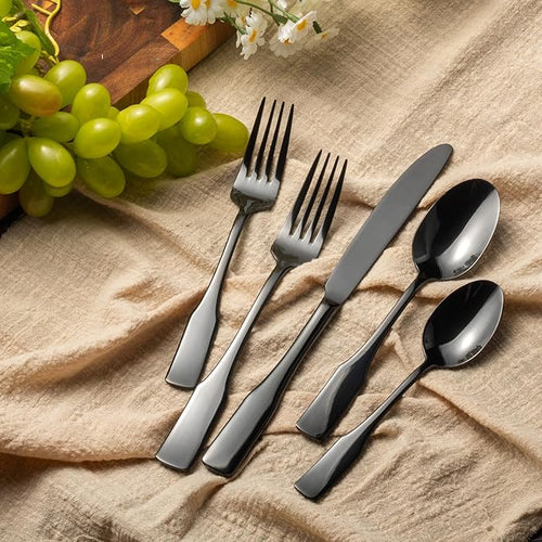 Alata Kate Black Mirror 20-Piece Silverware, Service for 4, Stainless Steel Flatware, Mirror Polished Cutlery, Dishwasher Safe
