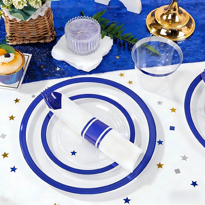 Liacere 350PCS Blue Plastic Plates - Clear with Blue Trim for 50Guests Dinnerware Include 100 Clear Plates disposable 150 Silverware 50Napkins for Wedding ＆ Graduation & Memorial Day