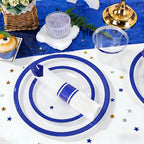 Liacere 350PCS Blue Plastic Plates - Clear with Blue Trim for 50Guests Dinnerware Include 100 Clear Plates disposable 150 Silverware 50Napkins for Wedding ＆ Graduation & Memorial Day