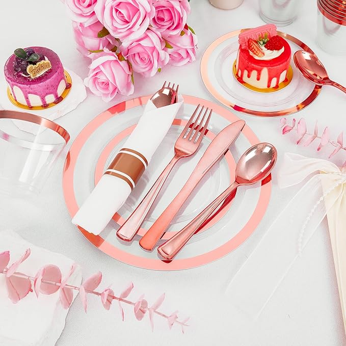 Liacere 350PCS Rose Gold Plastic Plates - Clear with Rose Gold Rim for 50Guests Dinnerware - Include 100 Plates disposable 150 PCS Silverware 50 Napkins for Party & Mothers Day & Graduation