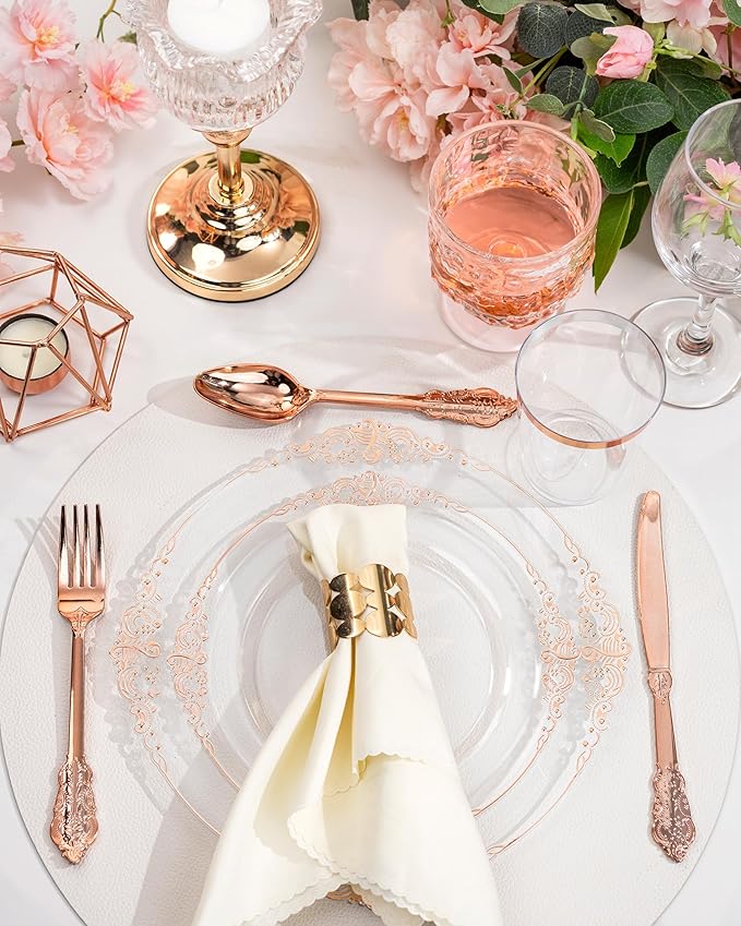 Nervure 350PCS Rose Gold Plastic Plates - Rose Gold Plastic Dinnerware Sets for 50 Guests - 100 Disposable Plates, 150 Silverware, 50 Cups, 50 Napkins Perfect for Wedding & Party & Easter