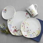 Mikasa Wildflower Garden Dinnerware Set, 16-Piece Bone China Dishes Service for 4, Square Plates and Bowls Set with Mugs, Floral Design, Dishwasher and Microwave Safe