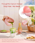 Matcha Whisk Set, 6pcs Matcha Set Includes Matcha Bowl with Spout, Bamboo Whisk & Scoop with Cute Charm, Chasen Holder, Innovative Sifter Handle, Tea Mat for Latte Making, Pale Pink