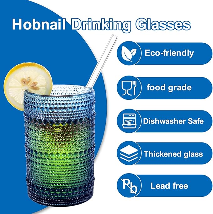 Vintage Blue Hobnail Drinking Glasses with Straws, 15oz & 12oz Embossed Highball Glassware for Cocktails, Whiskey, Beer, Juice(Set of 12)