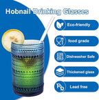 Vintage Blue Hobnail Drinking Glasses with Straws, 15oz & 12oz Embossed Highball Glassware for Cocktails, Whiskey, Beer, Juice(Set of 12)