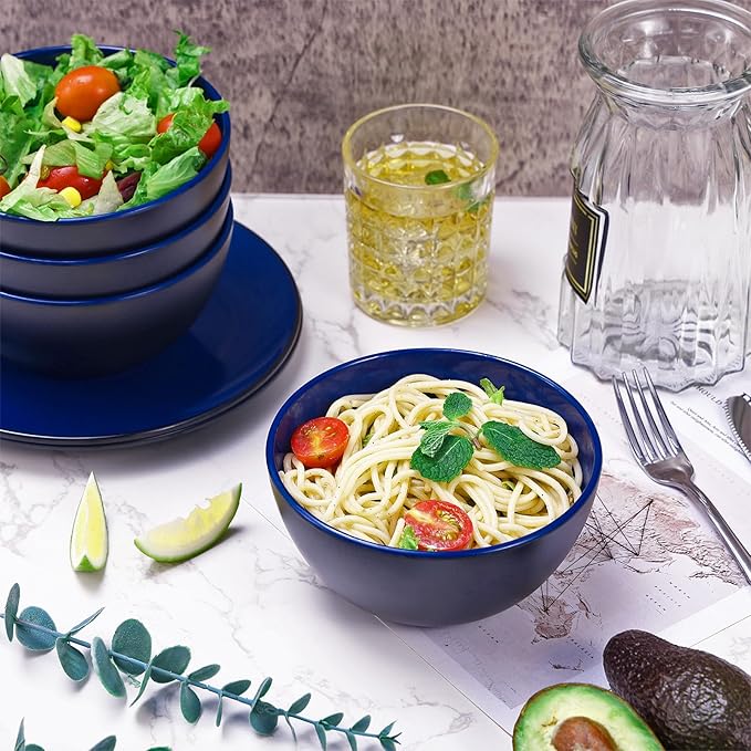 TP 12-Piece Melamine Dinnerware Sets, Plates and Bowls Dishes Set for 4, Break-Resistant & Non-Microwavable, Lightweight Dinner Plates, Black and Blue