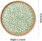 Round Rattan Tray with Mother of Pearl Inlay, Decorative Wicker Serving Tray with Wooden Base, Woven Basket Trays for Bread Fruits Coffee, Leaf