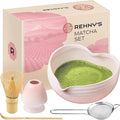 Rehny’s Matcha Whisk Set | Complete Pink Matcha Set w/Heart-Shaped Bowl, Bamboo Whisk, Holder, Stainless Steel Sifter, Bamboo Scoop | Cute Gift Present Macha Kit Handmade Bowl | Macha Powder Tea Kit
