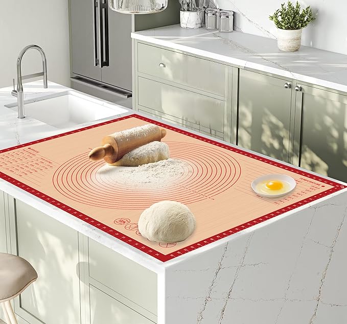 Extra Large Silicone Pastry Mat for Counter Rolling Dough,28x20 Inch,0.75mm Thick,Non Slip Silicone Baking Mat with Measurement(28 x 20 In,Red)