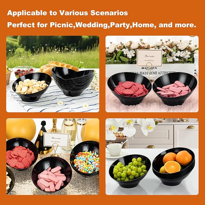 Goodluck 12 Pack Black Plastic Serving Bowls for Party - 20 OZ Angled Disposable Serving Bowls for Wedding Party Chip, Candy, Salad & Fruit