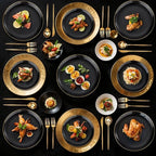 bUCLA 150PCS Black and Gold Plastic Plates - Black Gold Plastic Dinnerware Set Disposable - Include 25 Dinner / 25 Dessert Plates, 25 Knives, 25 Forks, 25 Spoons, 25 Cups, Ideal for Party & Graduation