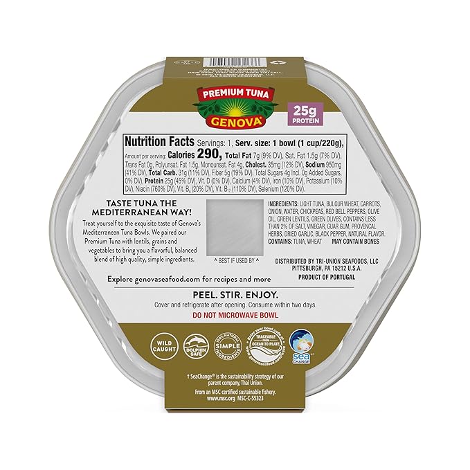 Genova Premium Tuna Mediterreanean Lentil & Grain Salad, 7.76 Ounce Bowls (Pack of 6), Ready to Eat