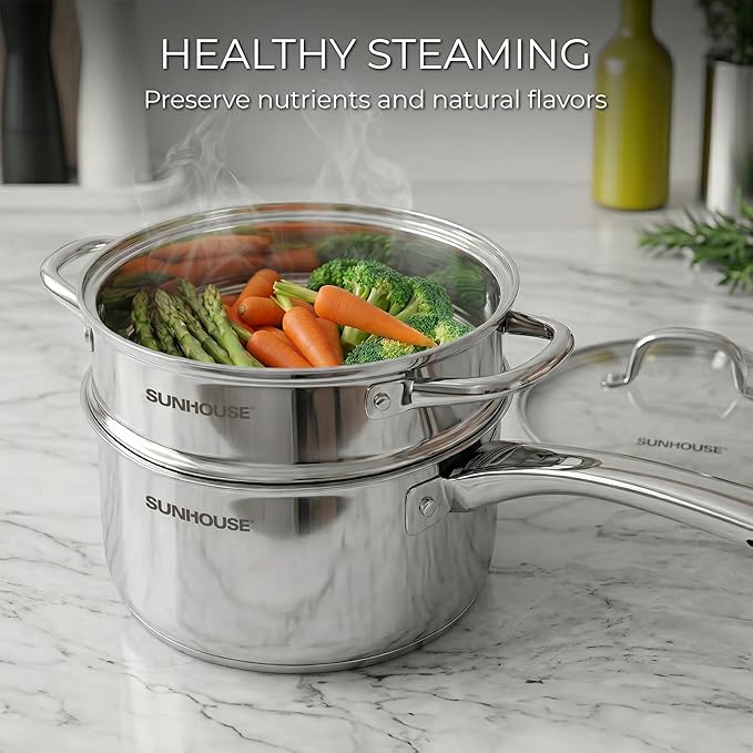 SUNHOUSE 2 Qt Stainless Steel Saucepan with Steamer and Lid - Steamer for Cooking, Kitchen Induction Cooking Pot with Vegetable Food Steamer Basket with Stay-Cool Handle