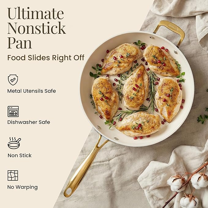 GOTHAM STEEL 14 Inch Nonstick Frying Pan with Lid, Large Ceramic Skillet for Family, Non Toxic PFOA PFOS PFAS Free, Oven & Dishwasher Safe 500°F, Even Heat Distribution, Cream