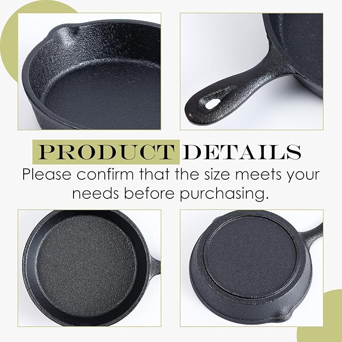 4 Inch Mini Cast Iron Skillet Set with Silicone Mitt, Small Frying Pan with Handle, Pre Seasoned Mini Skillets for Camping, Kitchen Cooking, Indoor and Outdoor (Black)