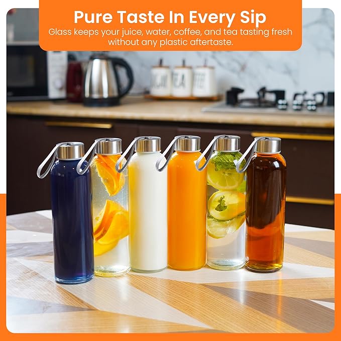 Epica glass bottles with lids – 18oz glass water bottles, reusable juice bottle with lids for storing juices, reusable water bottle durable set of 6 with Carrying Loop Caps