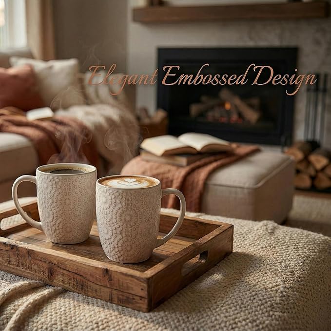 Coffee Mug Set of 4, 16 oz Ceramic Coffee Mugs, Large Embossment Cups, Vintage White Mugs Set for Latte, Cocoa, Hot Tea, Mocha, Housewarming Wedding Gifts, Dishwasher Safe, 3.5 x 4.5 inch