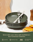 Pokini Pasta Bowls Set of 4, Reactive Glaze Salad Bowl 30 oz, Microwave & Dishwasher Safe, Large Wide Serving Bowls for Fruit/Soup/Noodle/Dessert, Blackish Green