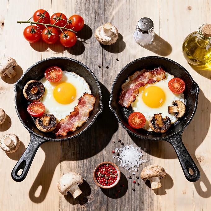 4 Inch Mini Cast Iron Skillet Set with Silicone Mitt, Small Frying Pan with Handle, Pre Seasoned Mini Skillets for Camping, Kitchen Cooking, Indoor and Outdoor (Black)