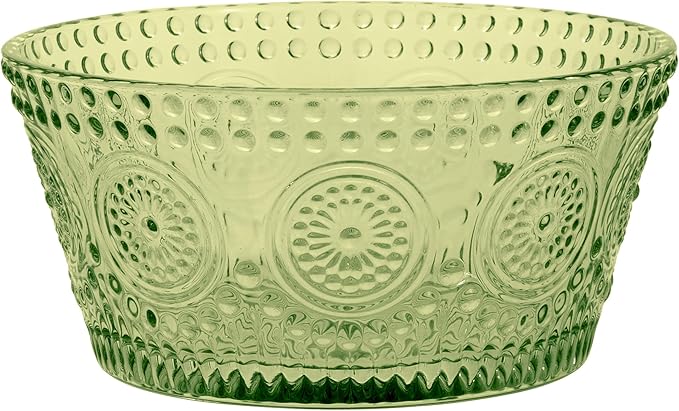 Boston International Vintage-Inspired Glass Serving Bowl with Embossed Floral Pattern for Salad Snacks Dinner, Small 4.75" x 2.25", Olive Green Codi