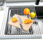 Roll Up Dish Drying Rack, 21.3" x 15.8" Over The Sink Dish Drying Rack, Kitchen Dish Rack Foldable Dish Drainer, Stainless Steel Dish Drying Rack for Kitchen Sink Counter Storage (Grey)