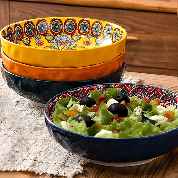 Boho Large Serving Bowls, 10.2 Inch Fruit Salad Bowls, Decorative Serving Dishes for Entertaining, 80 OZ Pasta Bowls Set of 2, Vibrant Colorful Soup Bowls for Party, Home Decor, Bohemian Style Gift