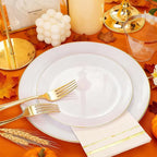 Festiva 176Pcs White and Gold Plastic Plates - White with Gold Rim Fall Dinnerware Set - 25Guest include Plates Cups Cutlery Napkins for Birthday Party&Wedding& Easter