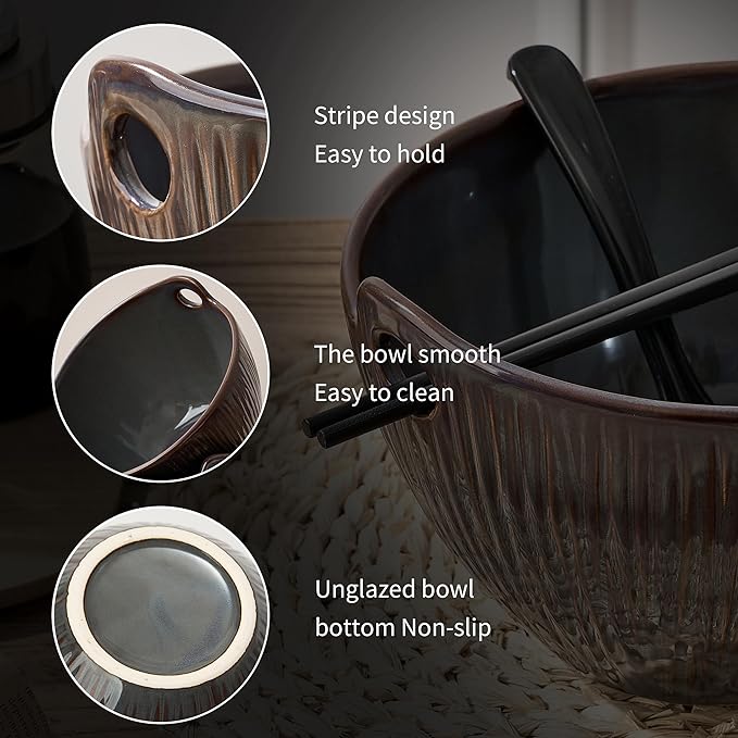 Ramen Bowl with Chopsticks and Spoons Set, 7 Inch Ceramic Noodle Bowl Set of 2, Dishwasher Safe for Pho Udon Soba Noodle Salad Pasta, Special Reactive Glazed Bowls Set, Purple-Gray