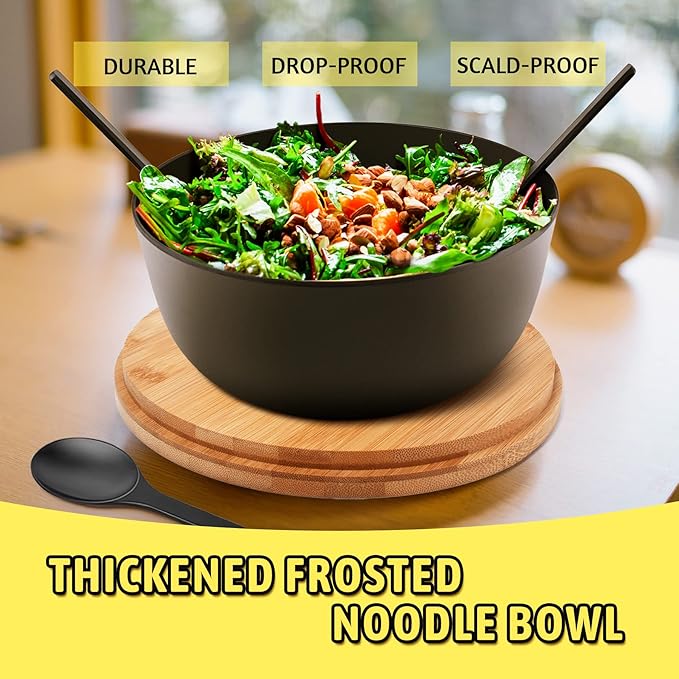 ECOWAY Bamboo Fiber Salad Bowl with Lid & Servers, 4Qt, Melamine Salad Serving Bowls Set with Bamboo Lid, Salad Mixing Bowl with Spoon Fork for Fruits Vegetables and Pasta (Black, 9.8inch)