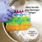 Skoy Scrub, 2-pack Reusable, Non-Scratching Dish Scrubber for Kitchen and Household Cleaning, Planet-Friendly, Dishwasher Safe Soft Scrub, Assorted Colors and Designs
