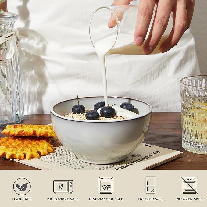 Pokini 5.3" Cereal Bowls & Dessert Bowls Set of 6-20 Oz Small Bowls for Kitchen-Ceramic Bowl for Cereal, Soup, Oatmeal, Salad, Ramen, Noodle, Rice, Yogurt-Dishwasher & Microwave Safe, Moonstone White