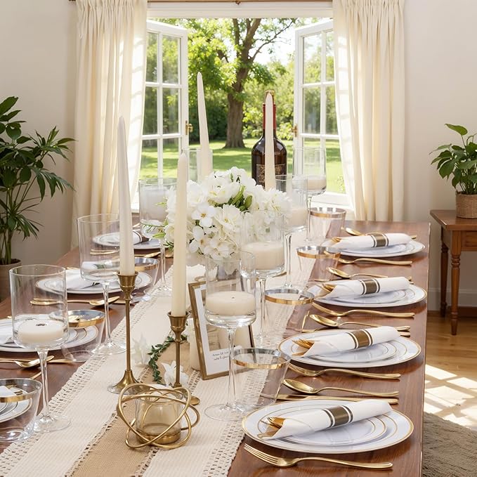 WDF Partyware 350Piece Gold Dinnerware Set for 50 Guests - Gold Plastic Plates with Disposable Cutlery - 50Dinner Plates-50Dessert Plates-50Pre Rolled Napkins with Silverware for Wedding/Mother's Day