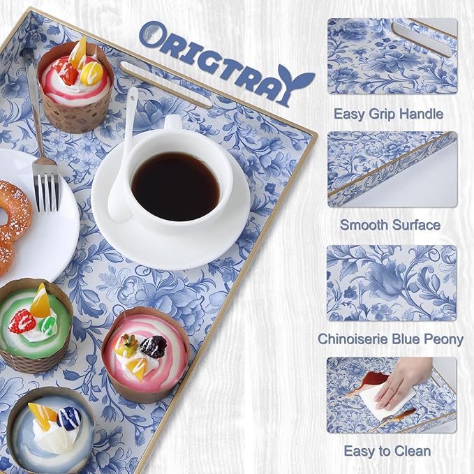 Serving Tray with Handles, Rectangular Plastic Tray 15.75x11.81 Inch, Blue and White Peony Chinese Porcelain Style Decorative Tray for Kitchen, Dining Table, Vanity, Office & Home