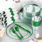 Goodluck 350Pcs Green Plastic Dinnerware Set for St. Patrick's Day, Clear Disposable Plates for 50 Guests, Include 50 Dinner Plates, 50 Dessert Plates, 50 Pre Rolled Napkins with Cutlery Set, 50 Cups