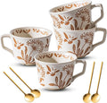 Ceramic Mugs 11 oz Unique Luxurious Cups Set of 4 with Premium Spoon, Mug for Coffee Milk Latte Cappuccino Tea, for Office Home Dishwasher Microwave Freezer Safe, Birthday Gift, Stoneware