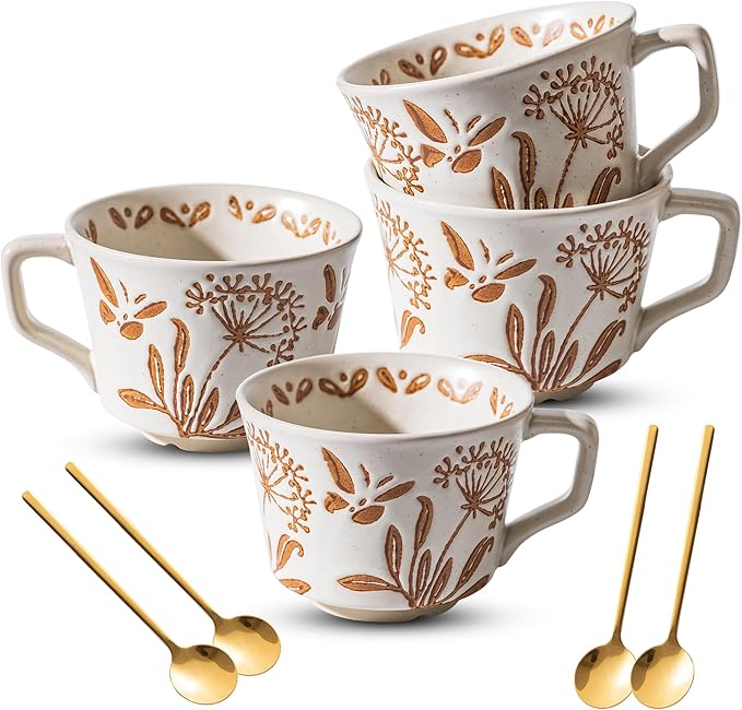 Ceramic Mugs 11 oz Unique Luxurious Cups Set of 4 with Premium Spoon, Mug for Coffee Milk Latte Cappuccino Tea, for Office Home Dishwasher Microwave Freezer Safe, Birthday Gift, Stoneware