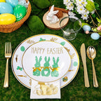 Hioasis 175pcs Easter Plastic Plates, Bunny Plastic Disposable Dinnerware Set Include 25 Dinner Plates, 25 Dessert Plates, 25 Forks, 25 Knives, 25 Spoons, 25 Napkins，25 Cups Perfect for Easter Party