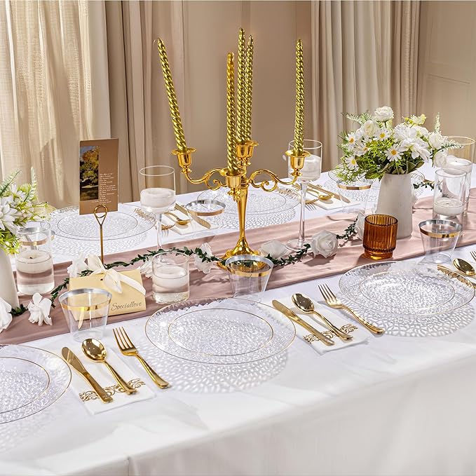DaYammi 350PCS Clear Gold Plastic Dinnerware Set for 50 Guests, Hammered Disposable Plates for Party, Include: 50 Dinner Plates, 50 Dessert Plates, 150 Gold Silverware, 50 Napkins, 50 Cups