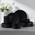 E-far 12-Piece Plates and Bowls Sets, Stoneware Dinnerware Dishes Sets for 4, Kitchen Modern Dining Dishware, Chip & Scratch Resistant, Microwave & Dishwasher Safe, Matte Black