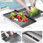 Ohuhu Over The Sink Dish Drying Rack, 20.5" W x 13.1" L Rolling Dish Drainer Foldable Sink Accessories Heat-Resistant Mat Anti-Slip Silicone Coated Dish Racks for Kitchen Counter