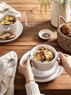 LE TAUCI Soup Bowls with Handles - 28 oz Lead-Free Ceramic French Onion Crocks, Oven and Microwave Safe, Heat-Resistant Design, Stackable, Dishwasher Safe, Set of 4, White