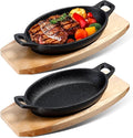 Mifoci 2 Pcs Mini Cast Iron Skillet with Wooden Base Small Cast Iron Fajita Plates Baker's Skillet Matte Black Pan Pot for Kitchen Restaurant Barbecue Dinner (8.5 x 6.1 x 1.7 Inches)