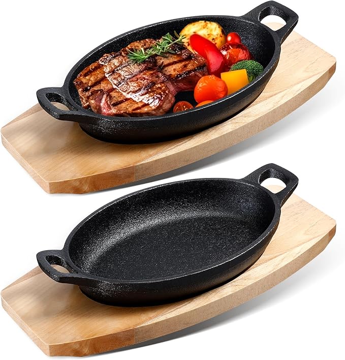Mifoci 2 Pcs Mini Cast Iron Skillet with Wooden Base Small Cast Iron Fajita Plates Baker's Skillet Matte Black Pan Pot for Kitchen Restaurant Barbecue Dinner (8.5 x 6.1 x 1.7 Inches)