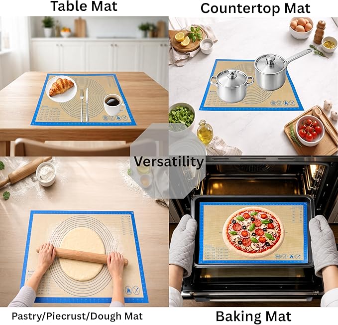 Silicone Pastry Mat with Measurements, 28 x 20 Inch Extra Thick Non-Slip Nonstick XL Baking Mat for Dough Rolling, Kneading, Fondant and Pie, Blue