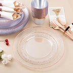 Bestluck 350PCS Clear Plastic Plates with Rose Gold Trim for 50 Guests, Disposable Dinnerware Set for Party, Wedding, Include 100 Plastic Plates, 50 Pre Rolled Napkins with Silverware, 50 Cups